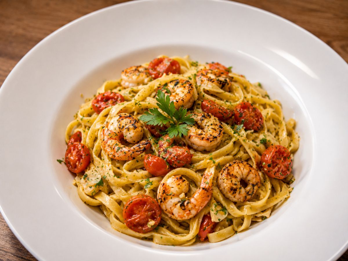 Riesengarnelen auf Tagliatelle Gegrillte Riesengarnelen auf Tagliatelle mit Knoblauch und Kirschtomatenragout bei Giuseppe in Purbach